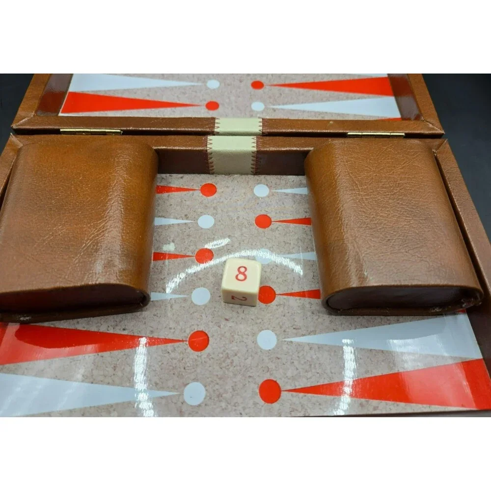 Vintage Folding Backgammon Set - Brown Faux Leather Case with Red & Cream Felt-B